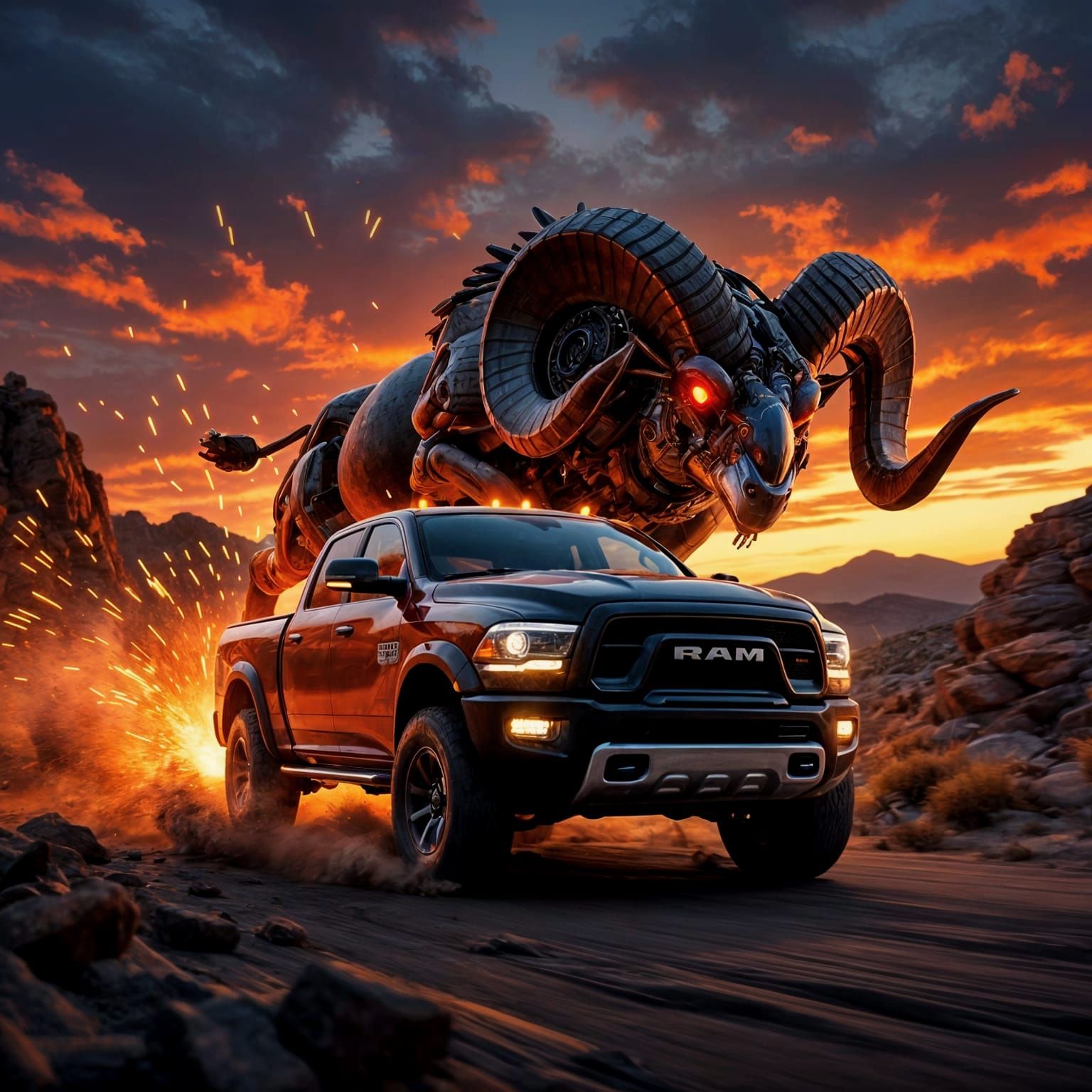 Metal Ram Truck Transforms in Fiery Sunset Scene
