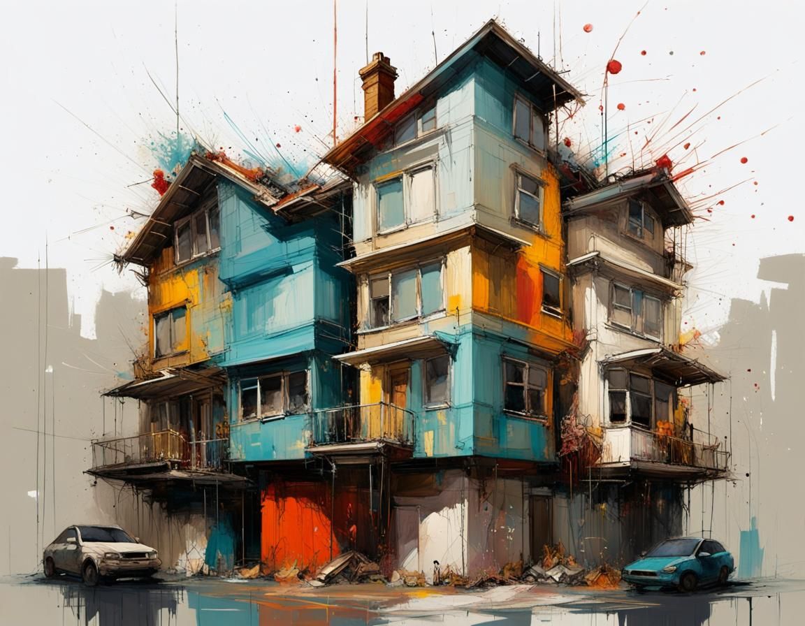 home's architecture a perfect harmony between abstract and whimsical elements, clean lines, sharp angles, and geometric ...