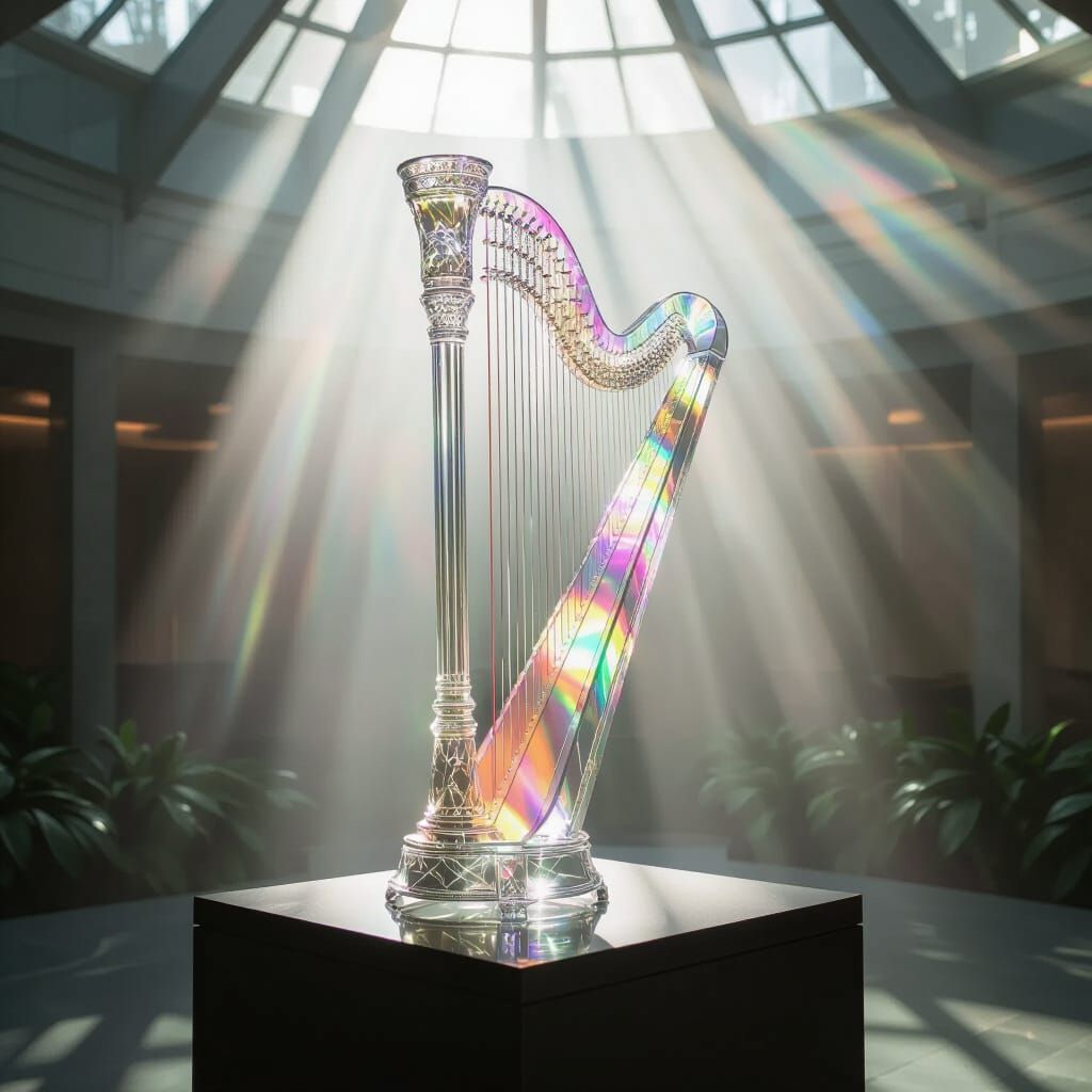 Glass Harp in Sunlit Foggy Atrium