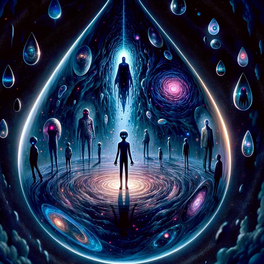 Dark Anime Cosmic Horror Scene with Glowing Droplet and Dist...