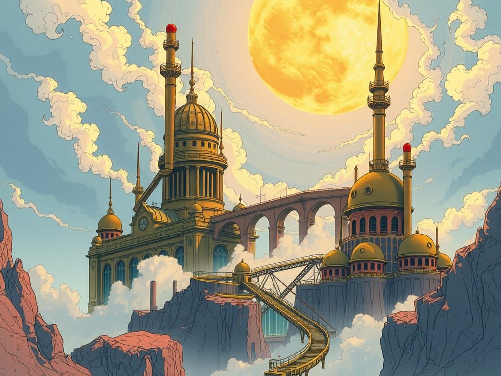 Dreamlike Steampunk Landscape in Anime Style