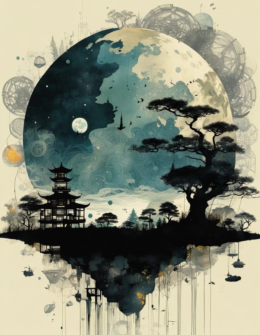 Surreal Victorian Bonsai Villages in Sumi-e Lunar Ink