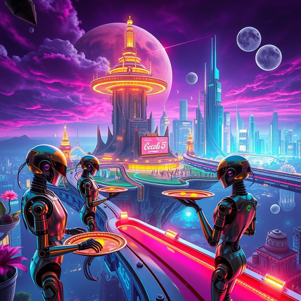 Cyberpunk Future with Metallic Robots Serving Cyborgs on a F...