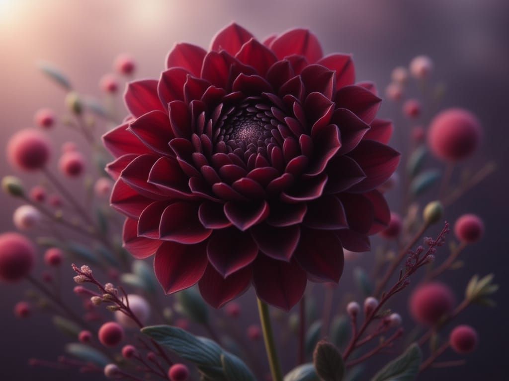 Enigmatic Crimson Dahlia in Romantic Painterly Style