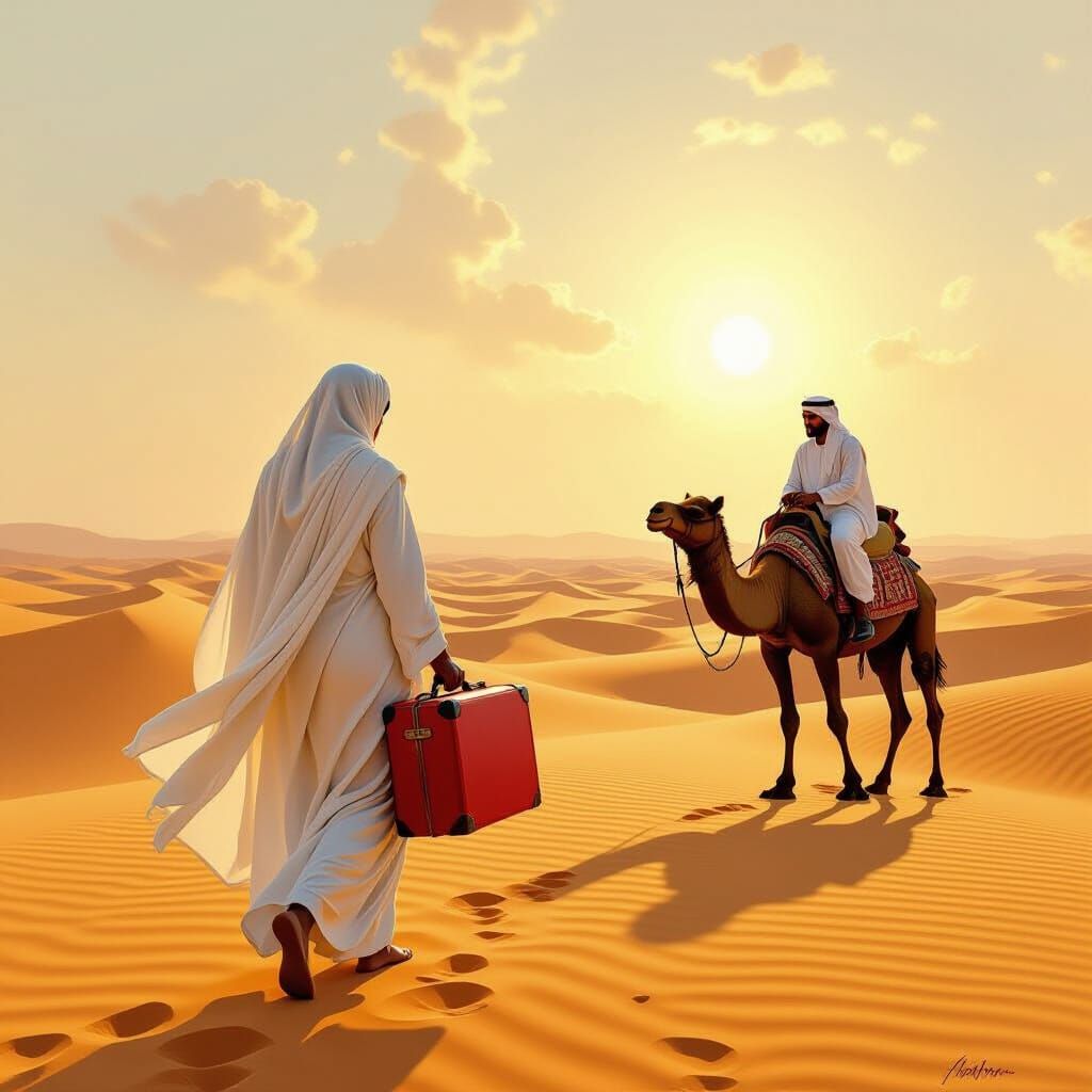 Old Woman Arrives in Desert with Bedouin on Camel