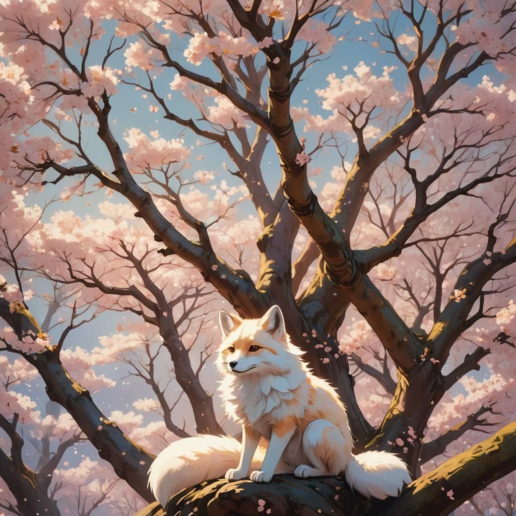 White Fox Under Sakura Tree in Oil Painting Style