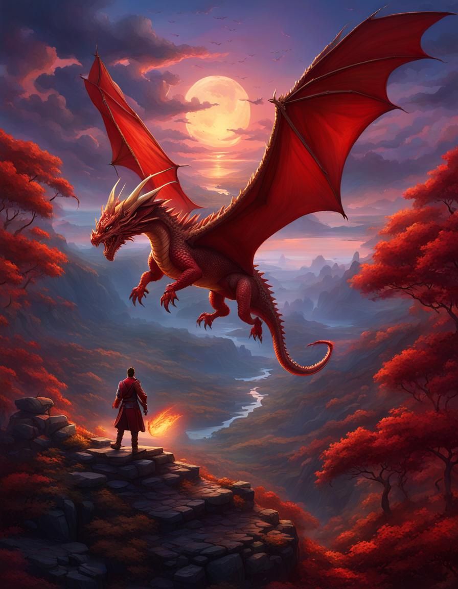 Man and Dragon Soaring Through Twilight Skies