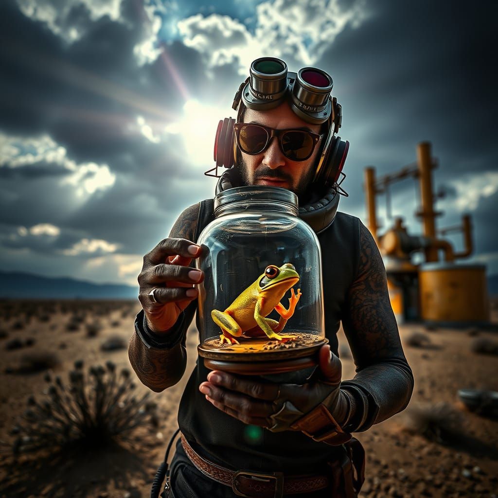Futuristic Frog Collector in Dystopian Steampunk Wasteland