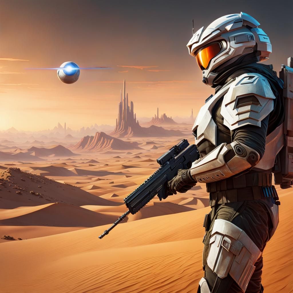 Future Soldier on Desert Planet with Laser Rifle