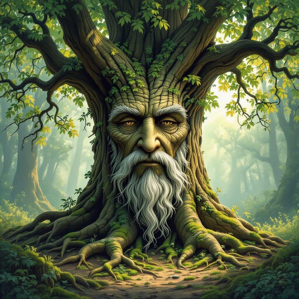 Mystical Tree with Face in Forest Clearing
