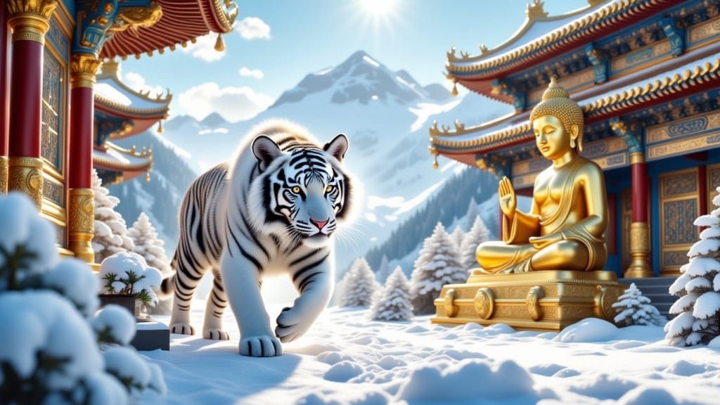 Majestic White Tiger by Chinese Temple in Ethereal Light