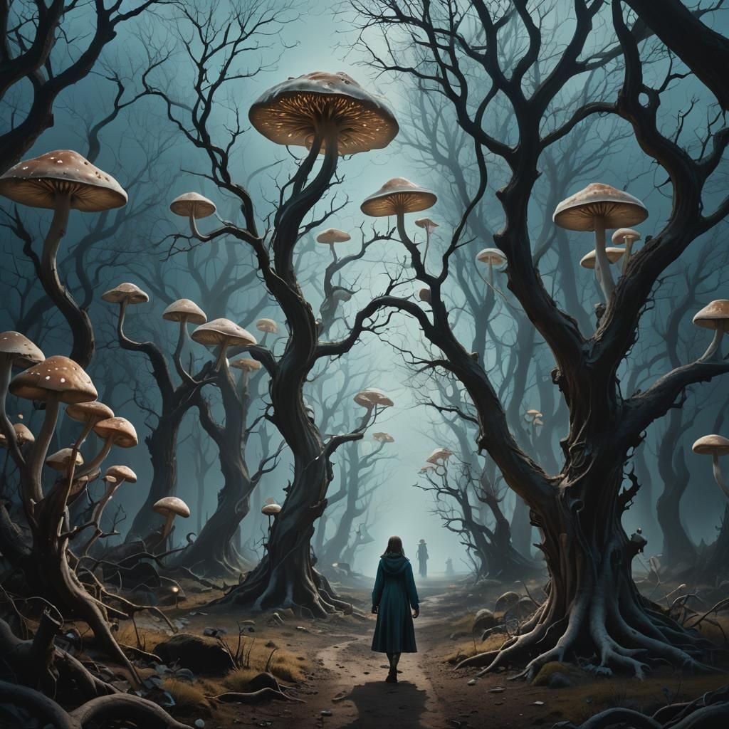 Mystical Figure Walks Through Bioluminescent Moonscape