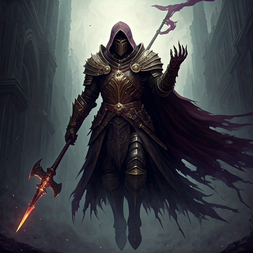 Dark Fantasy Warrior in Intricate Armor, Wielding Ominous Po...