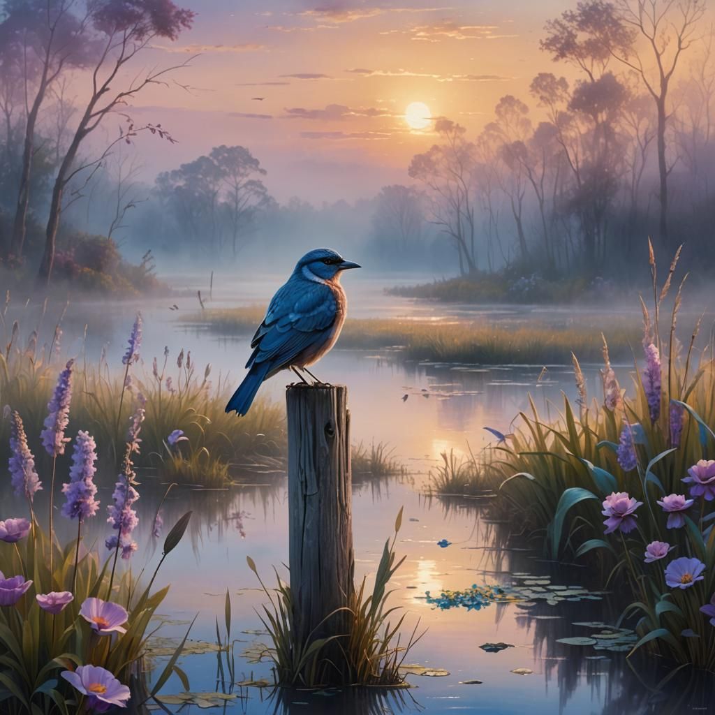 Bird Perched at Sunrise: Whimsical Matte Painting