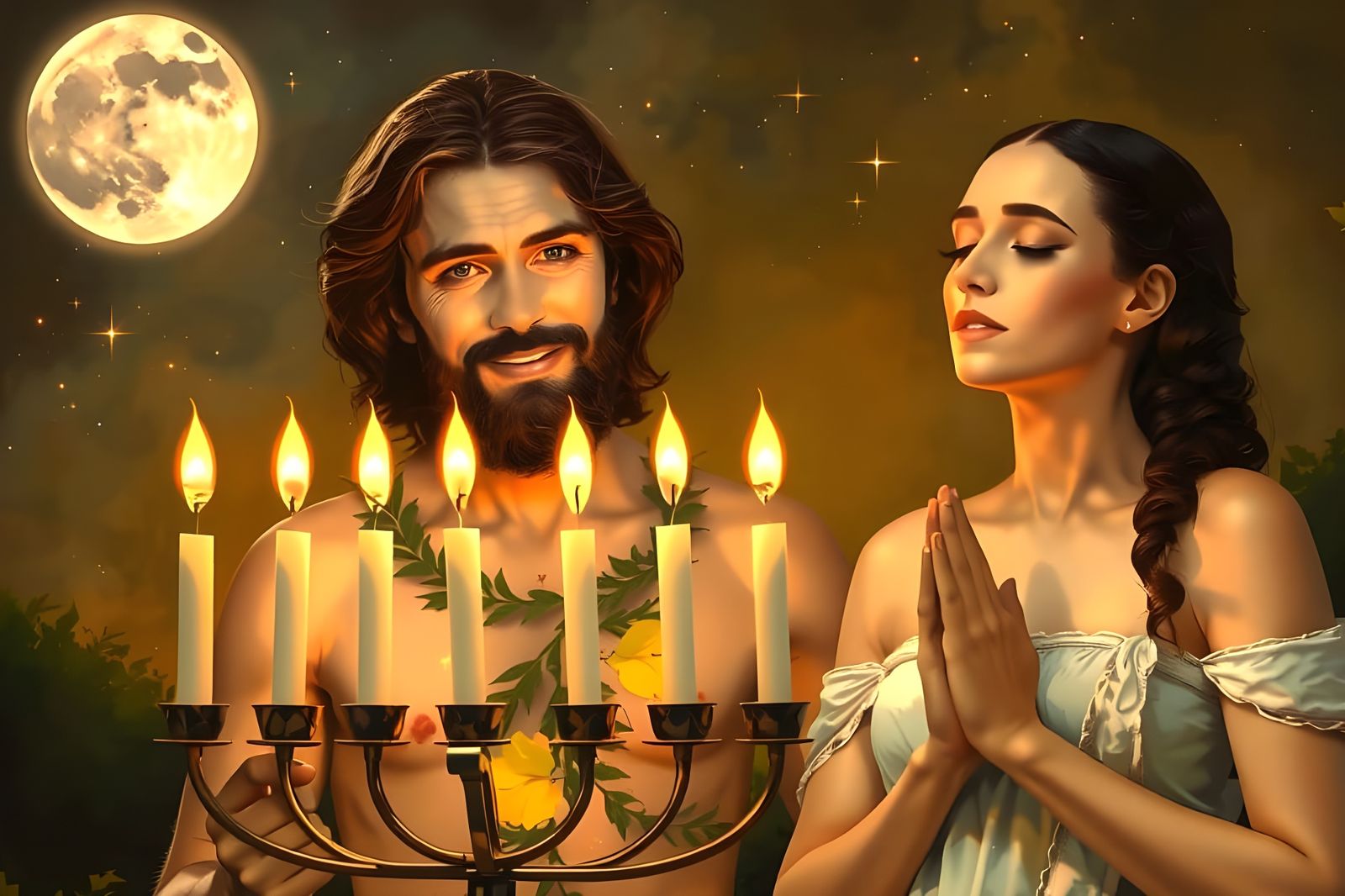 Serene Adam and Eve in the Garden of Eden at Night