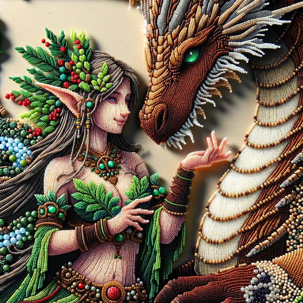 Beaded Elf and Dragon Fantasy Art