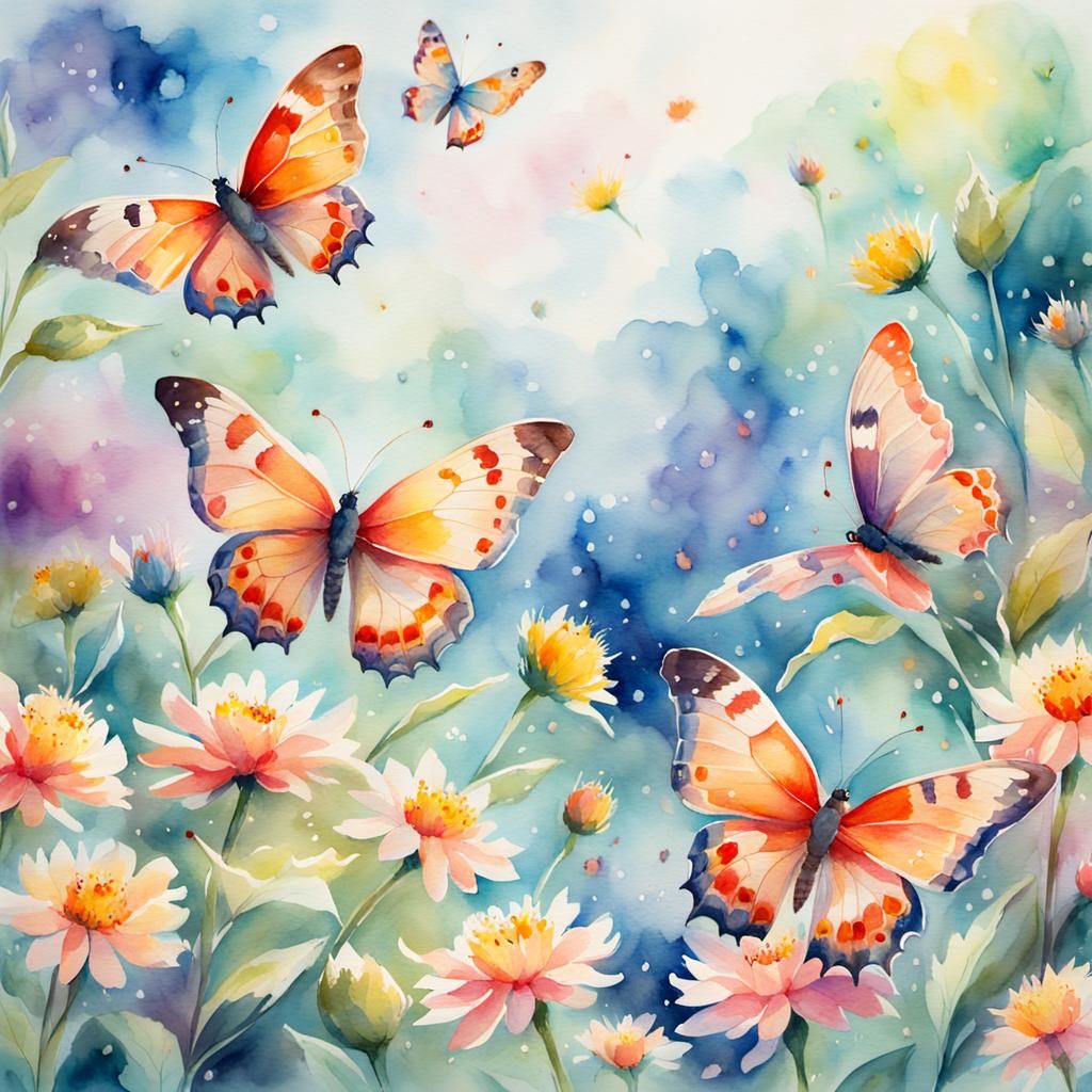 Butterflies in a Blooming Garden, Watercolor Painting
