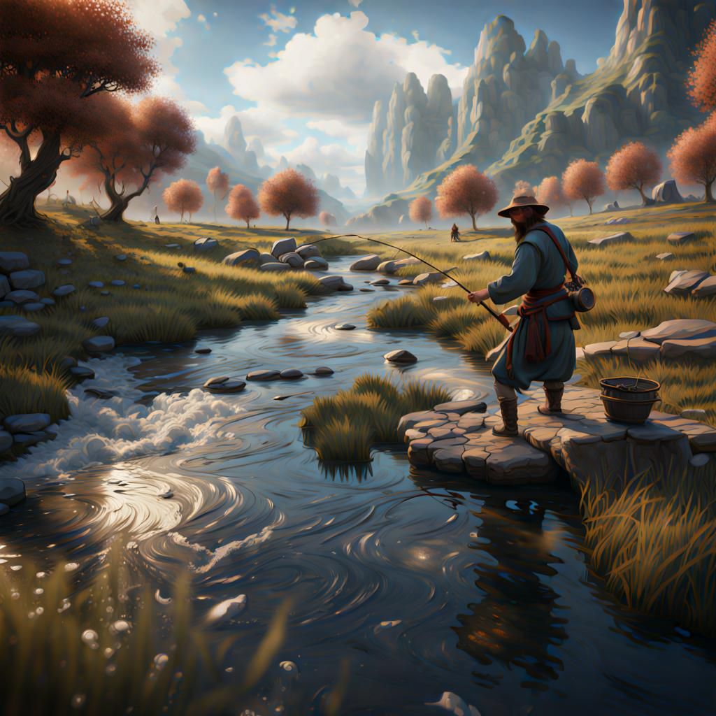 Peasant Fishing in Flowing Stream: Detailed Matte Painting