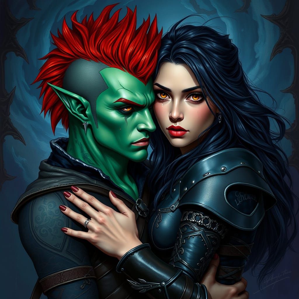 Dark Elf and Italian Rogue in Emotional Embrace, Fantasy Art