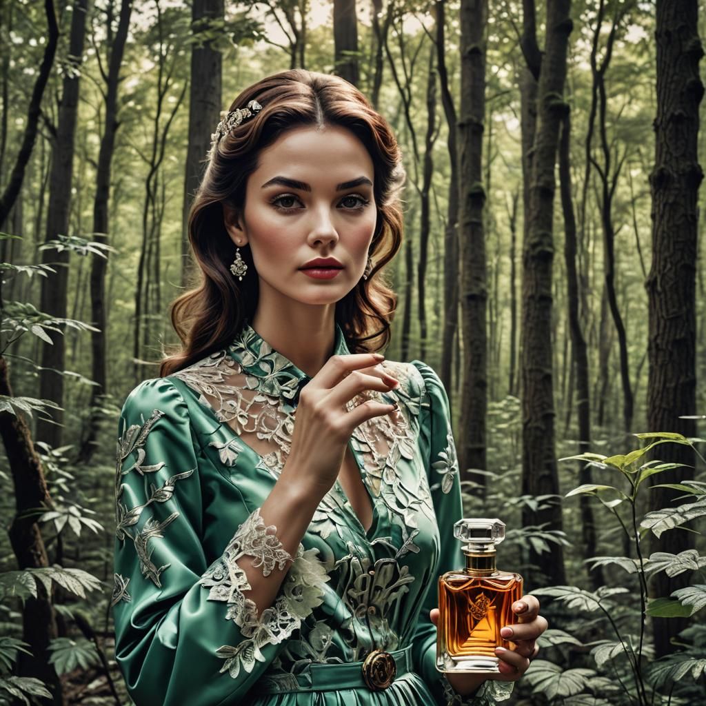Pop Art Perfume Ad with Woman in Forest