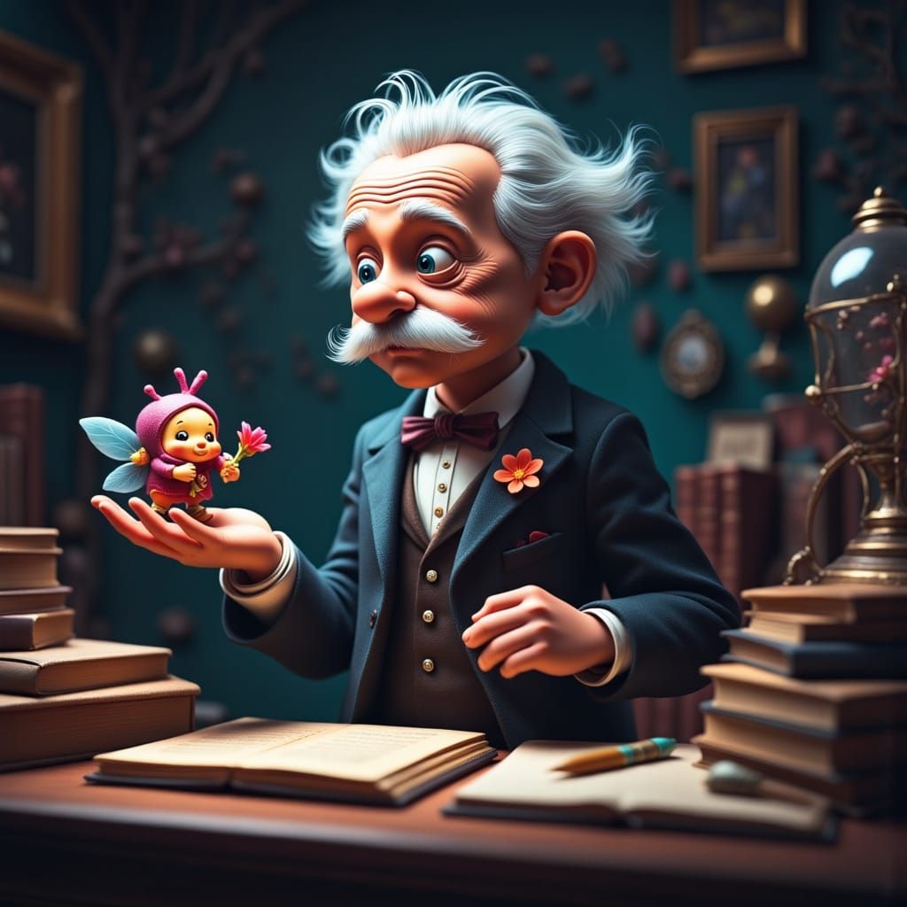 Einstein Gazes Intently at Fairy in Dreamlike Scene