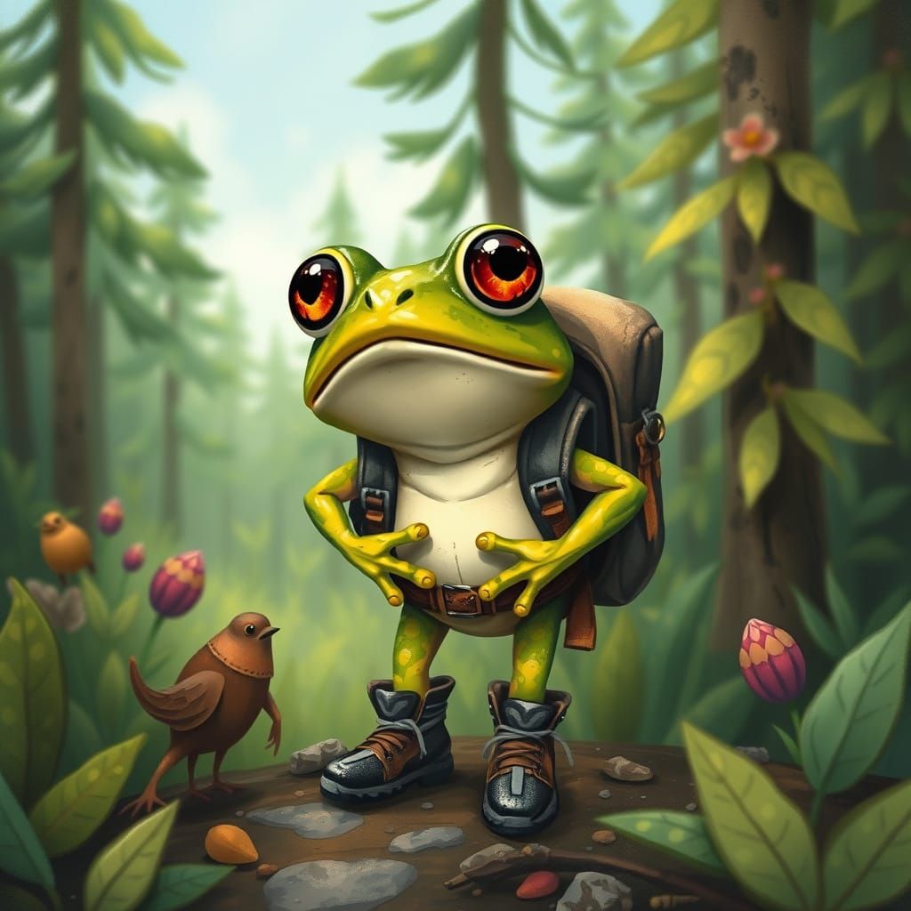 Stunned Frog Hikes Through Lush Forest