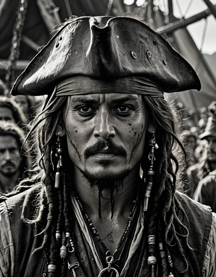 Black and white portrait of Captain Jack Sparrow - Savvy?