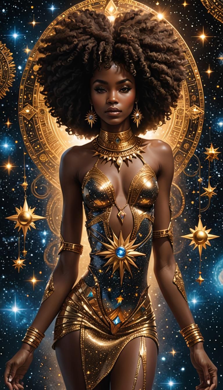 Celestial Afro Woman with Shiny Skin