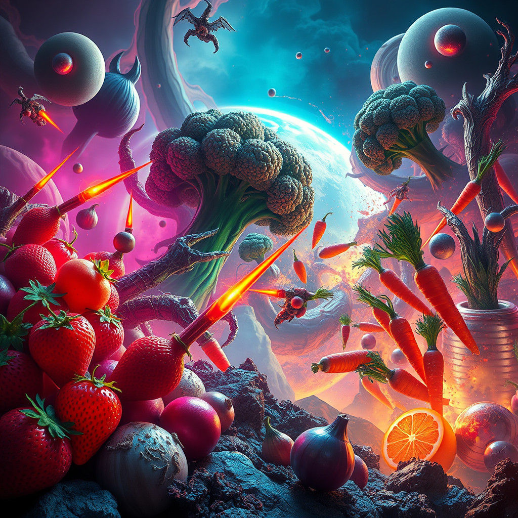 Fruit and Vegetable War on Mystic Planet in HDR
