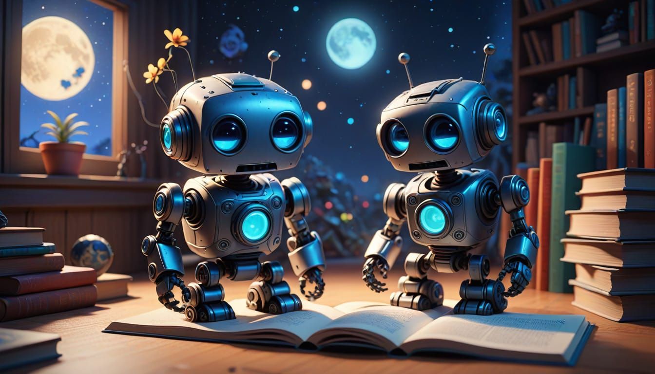 Cute Robot Gazes at Books Under Moonlight