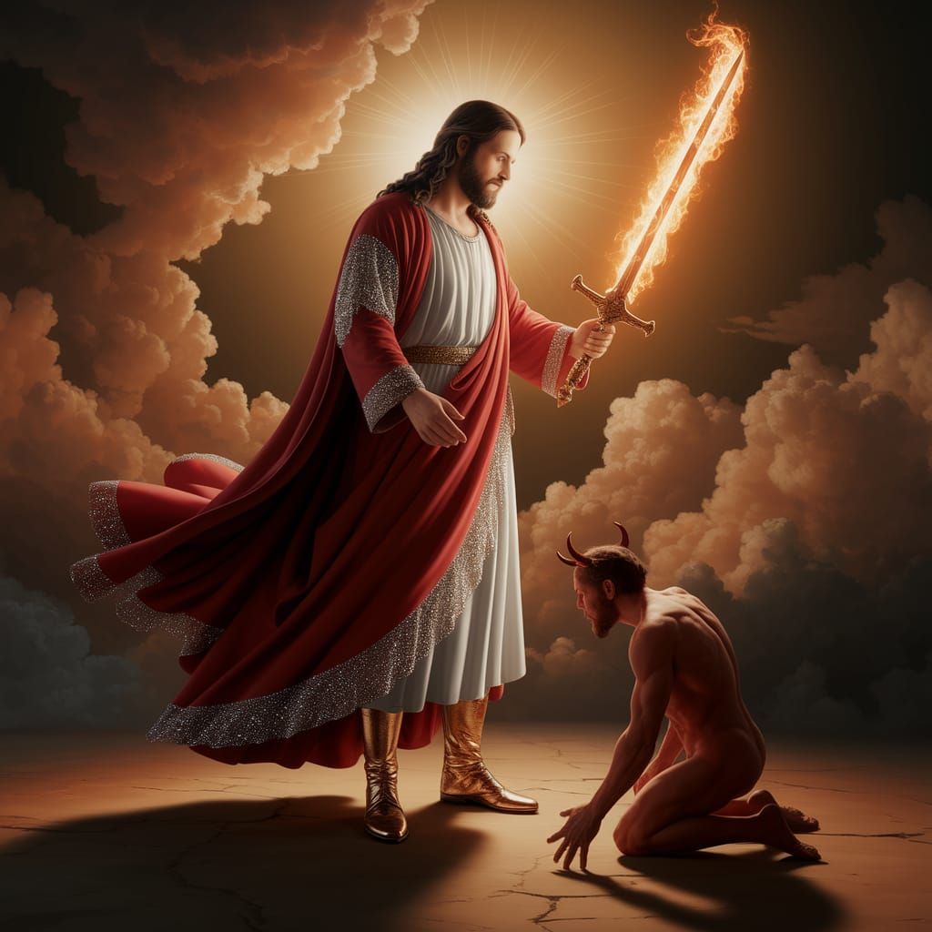 Jesus Christ with Flaming Sword and Kneeling Devil