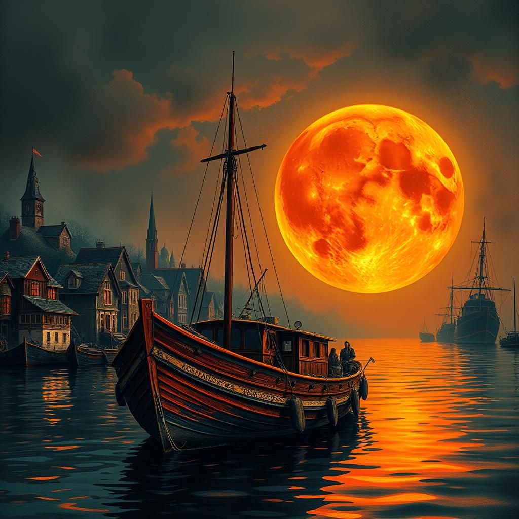 Maximalist Vaporwave giant super orange moon close up fishin...