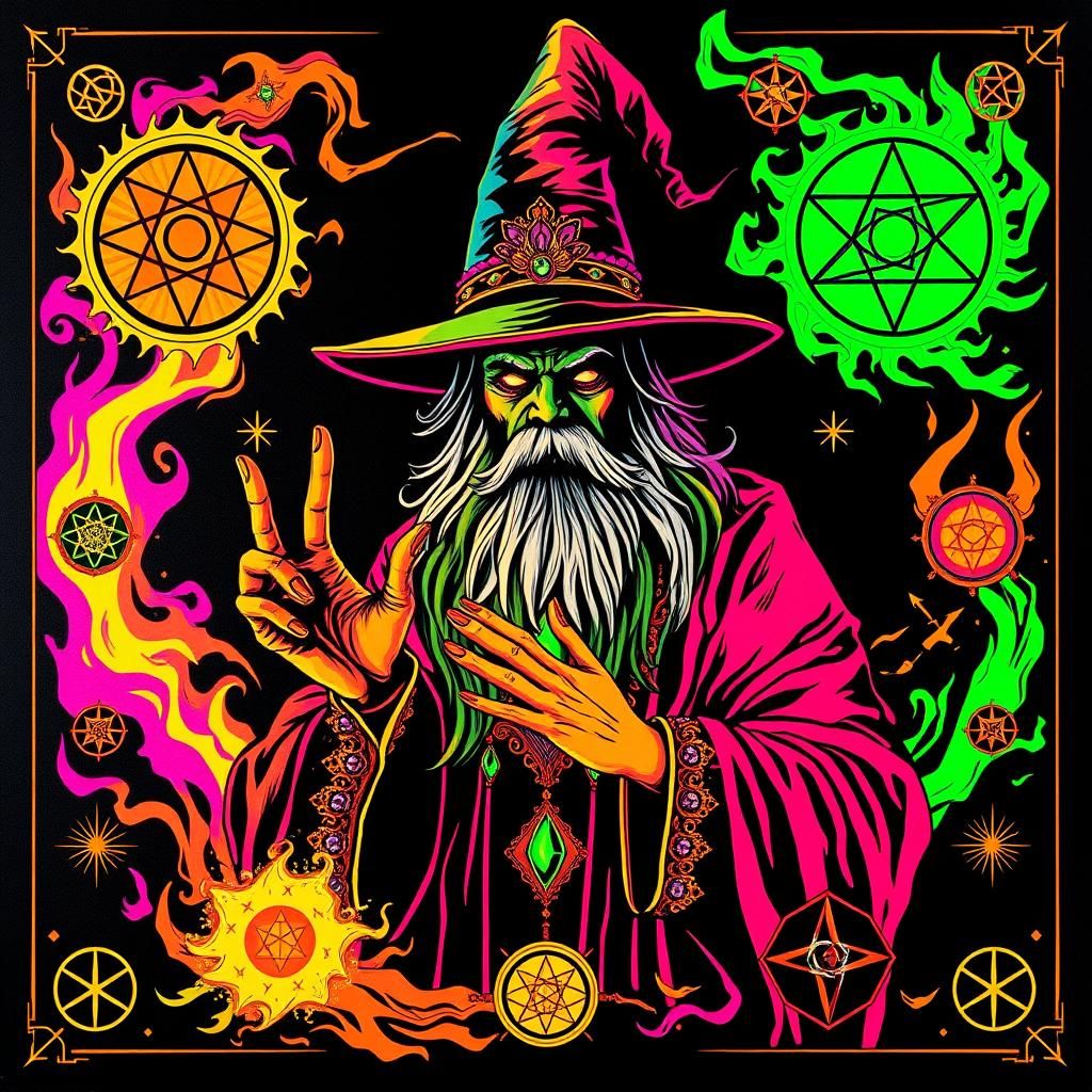 Psychedelic Wizard Teaching Dark Arts in 1960s Style