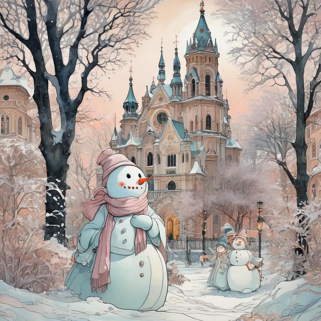 Whimsical Winter Scene in Art Nouveau Style