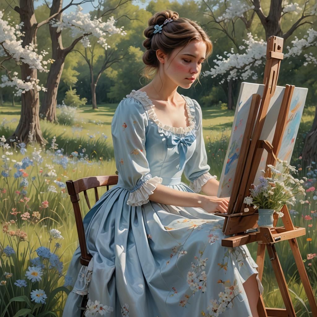 Young Painter in Grove, Hyperrealistic 3D Art