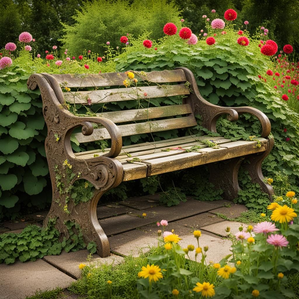 Weathered Park Bench in a Flower Garden