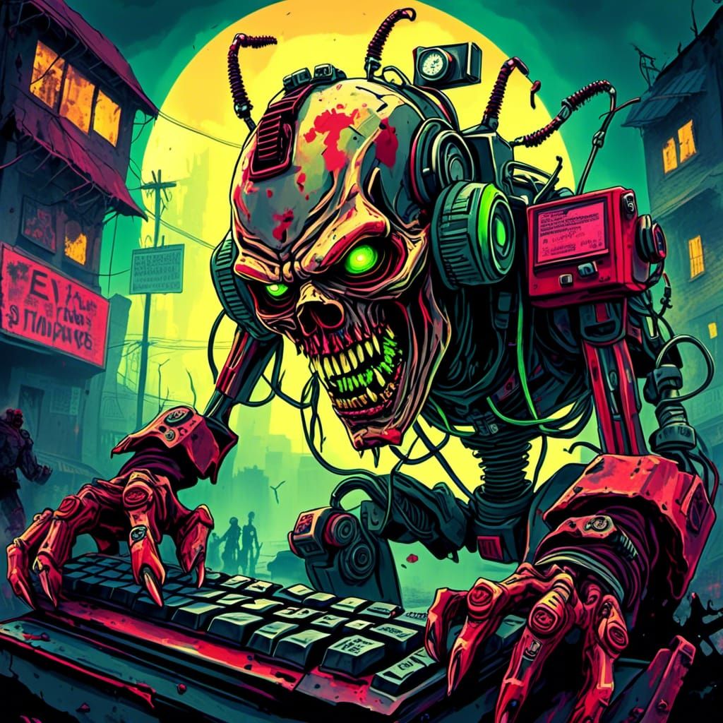 Manic Robot Zombie Typing in Abandoned City