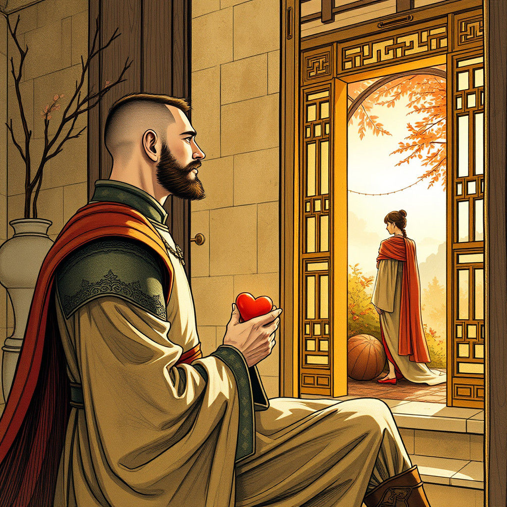 Majestic Chinese Knight Witnessing Farewell, Art Nouveau Sty...