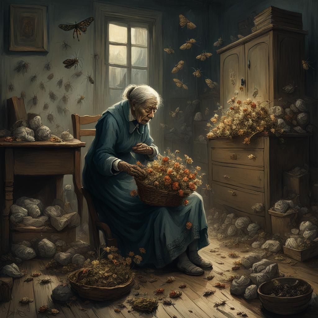 Horror creepy old woman with dried flowers in his hand in a dirty apartment with insects all around