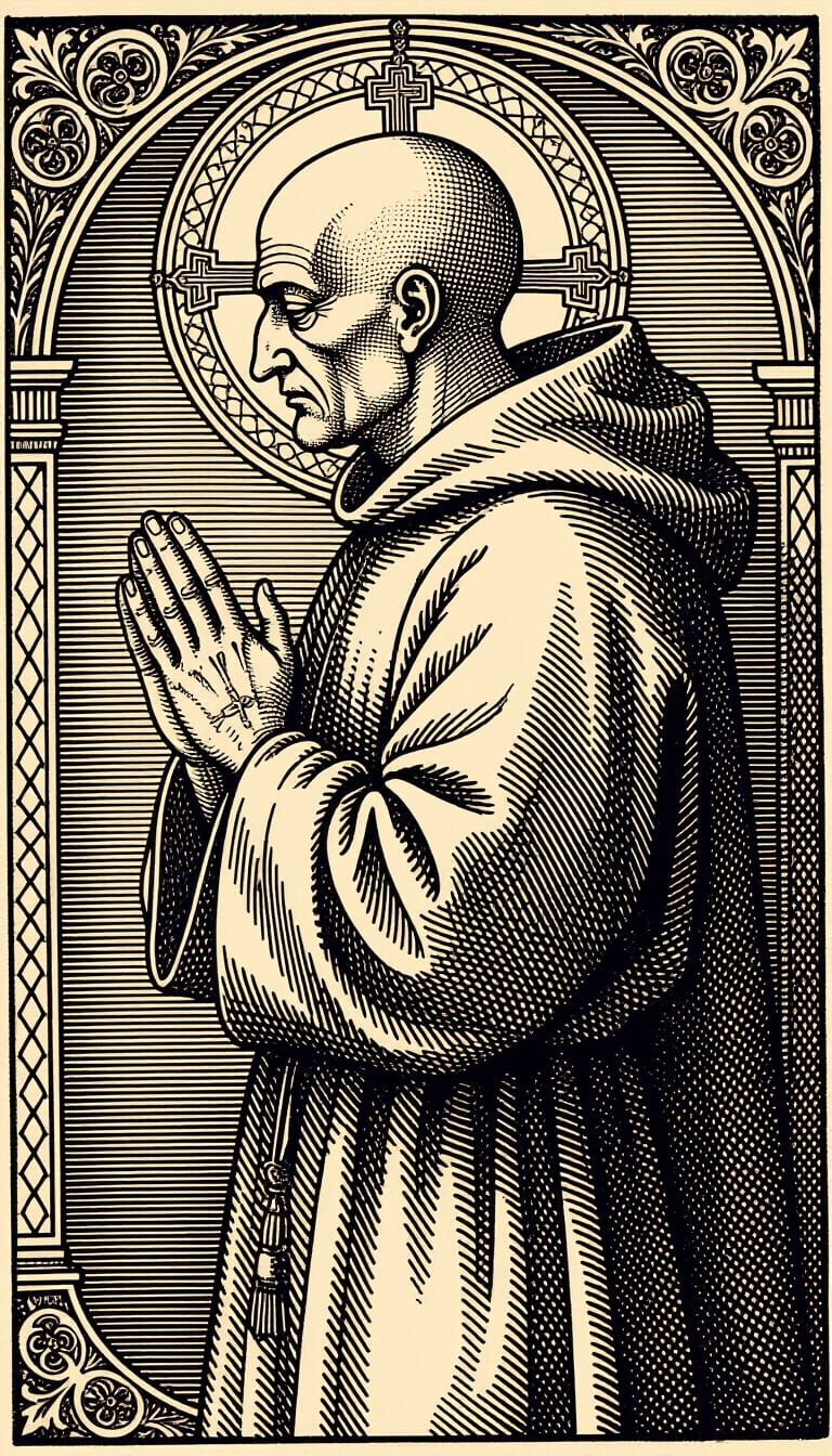 Monk in Prayer, Antique Engraving Style