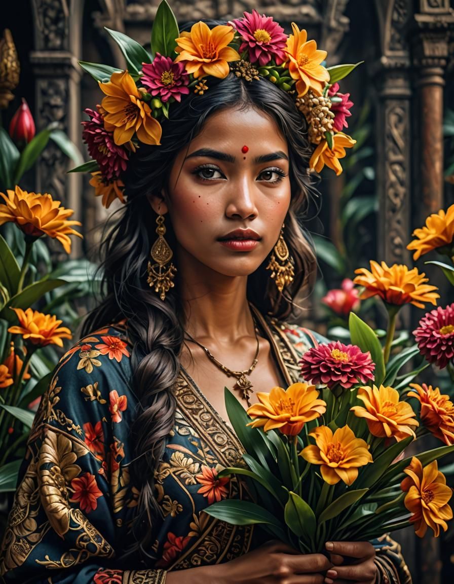 Exotic Woman with Flowers: Hyperrealistic Portrait