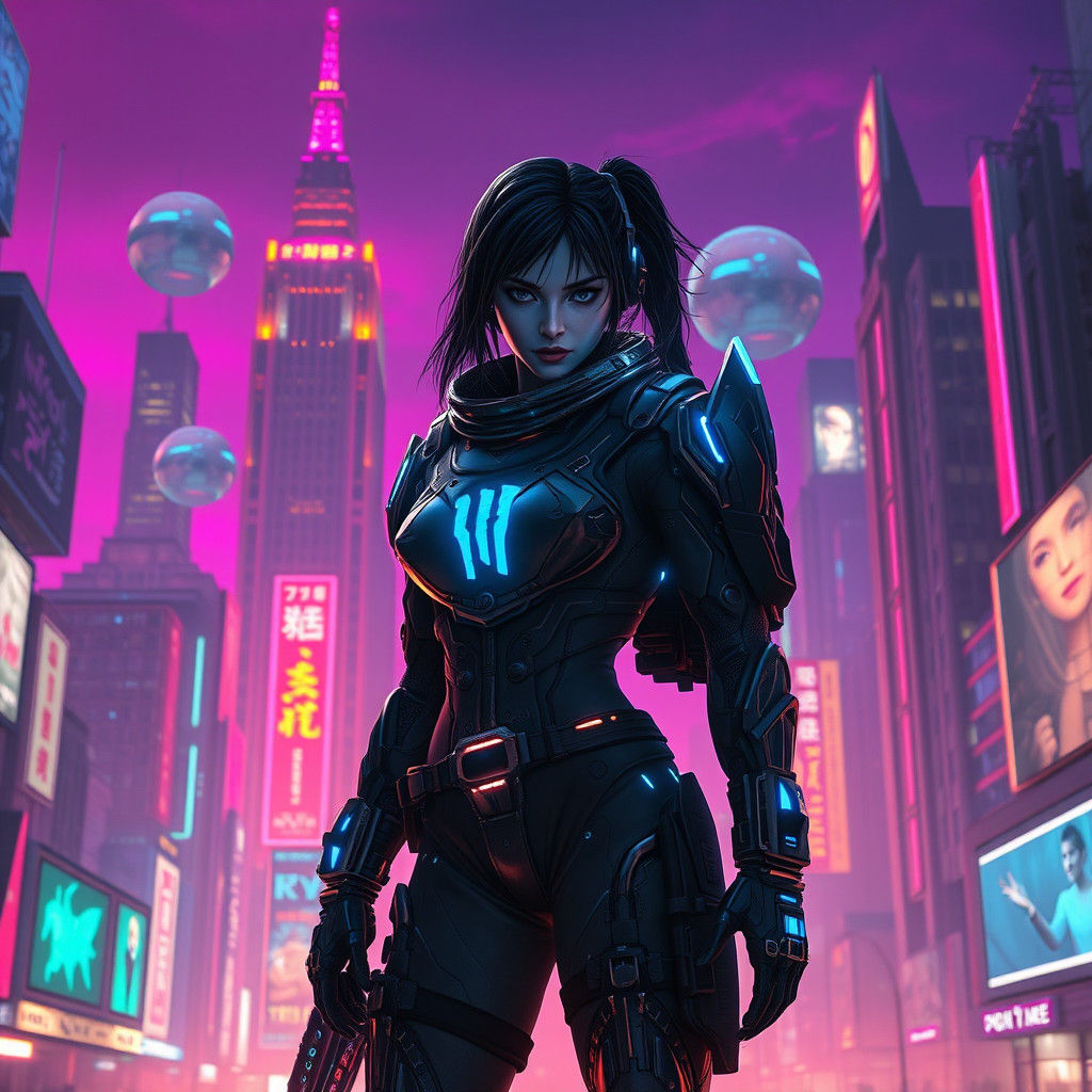 Cyberpunk Warrior Woman in Dystopian Metropolis