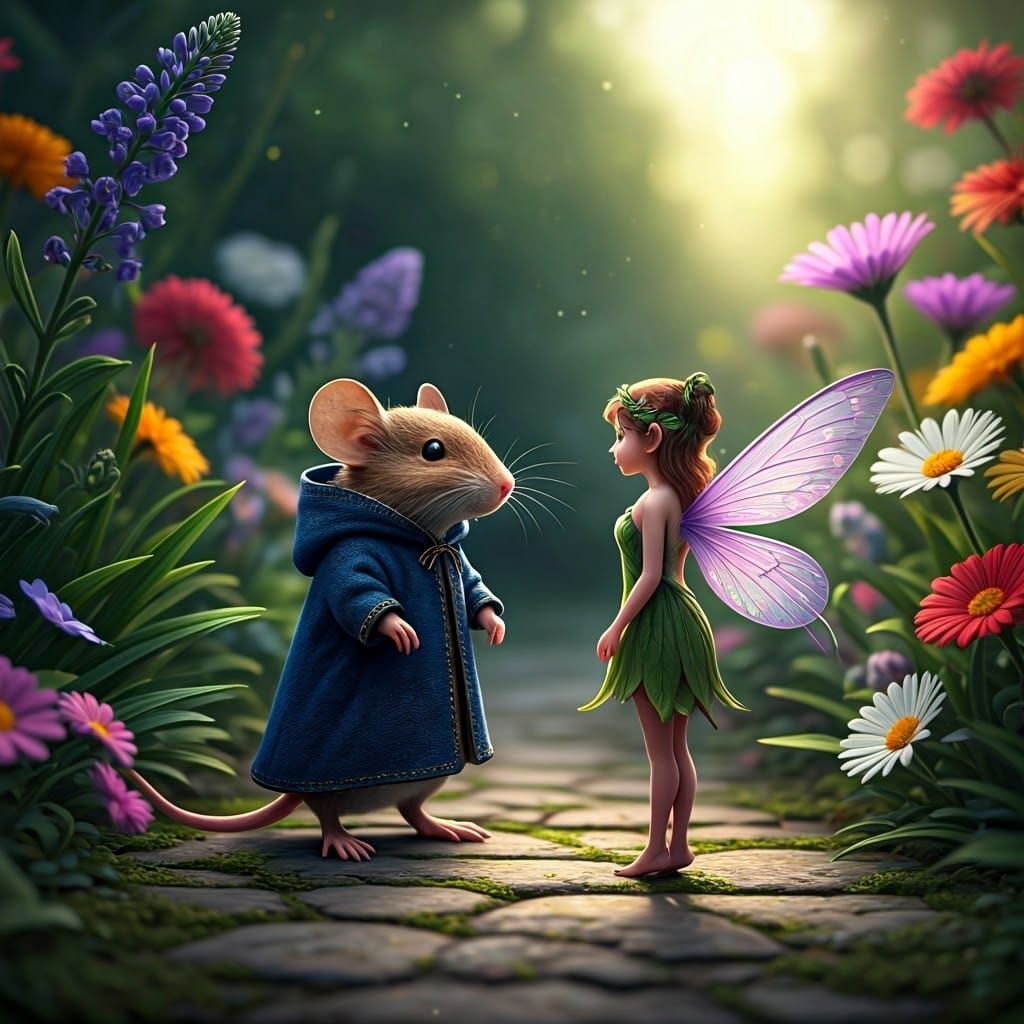 Whimsical Conversation Between Mouse and Fairy in a Miniatur...