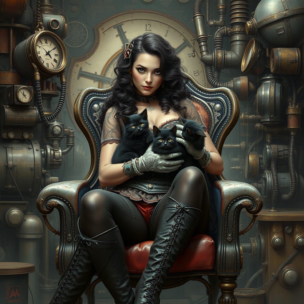 Steampunk Lady in Whimsical Industrial Setting