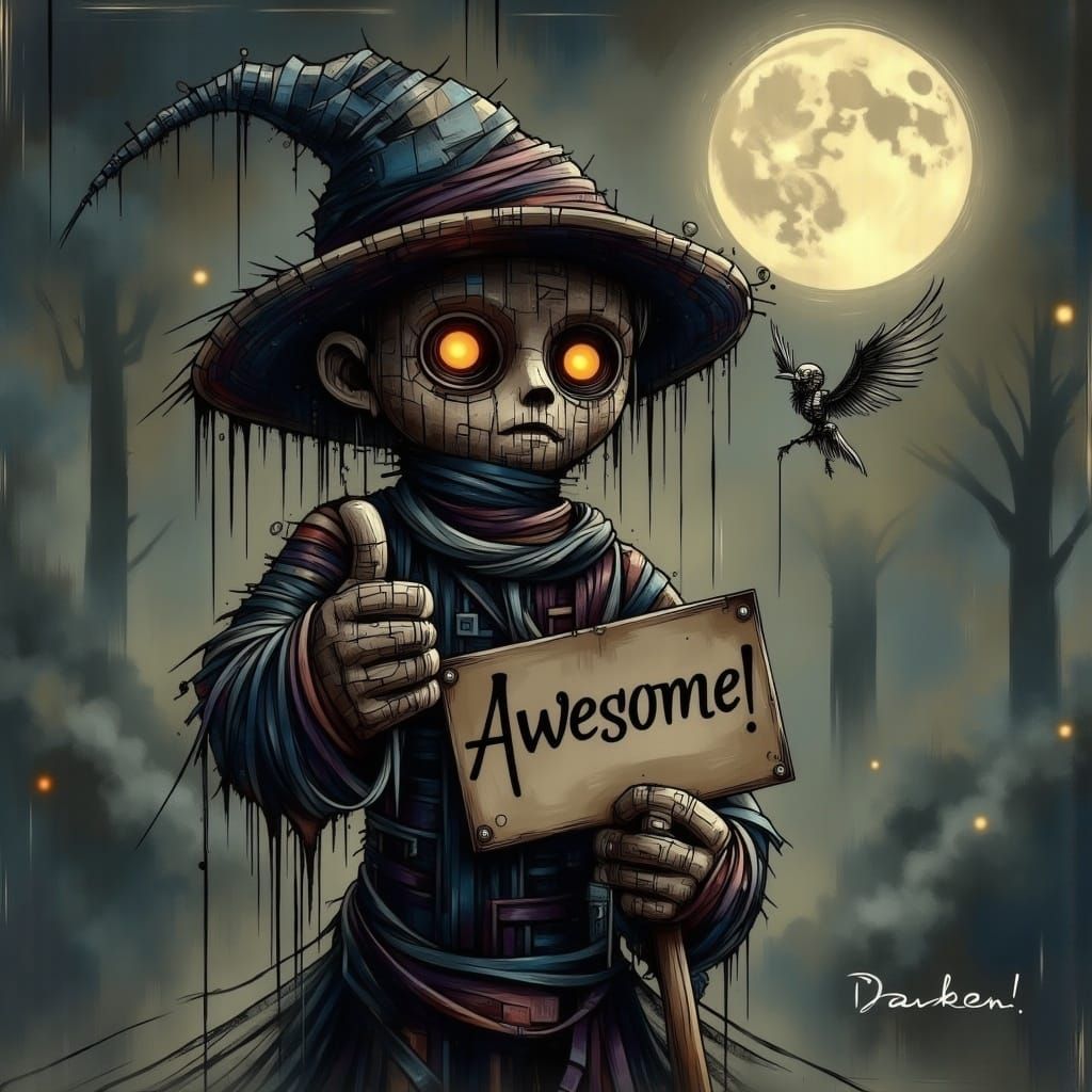 Macabre Scarecrow Gives Thumbs Up in a Haunting, Rainbow-Lit...