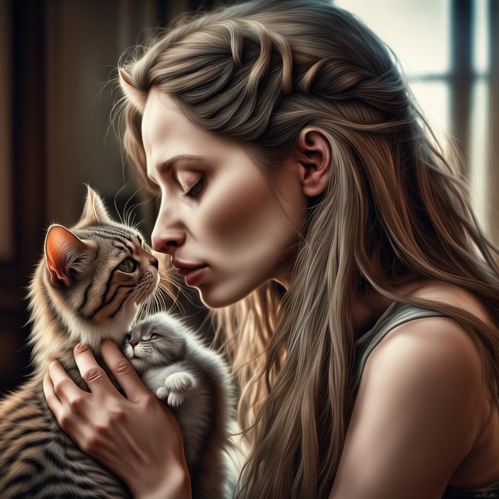 Hyperrealistic Portrait: Woman Kissing Ragged Cat
