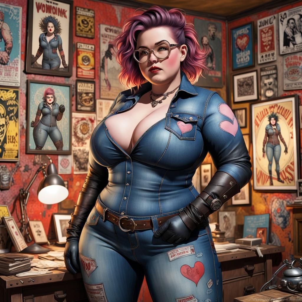Punk Woman in Denim Suit, Comic Book Art