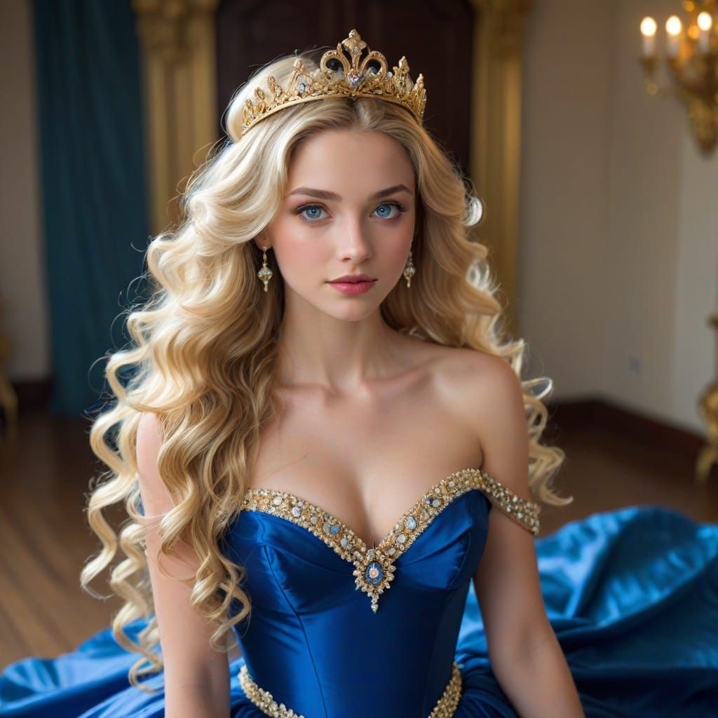 Beautiful Blonde Princess in Blue and Gold Gown