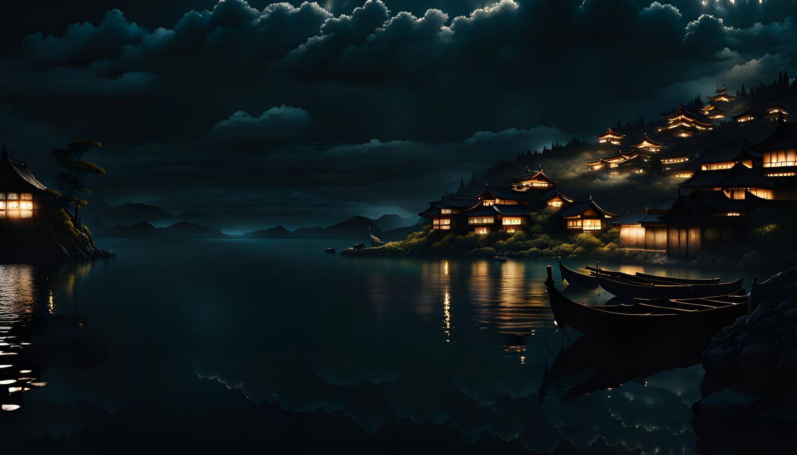 Medieval Japanese Fishing Village at Night: Surreal Art