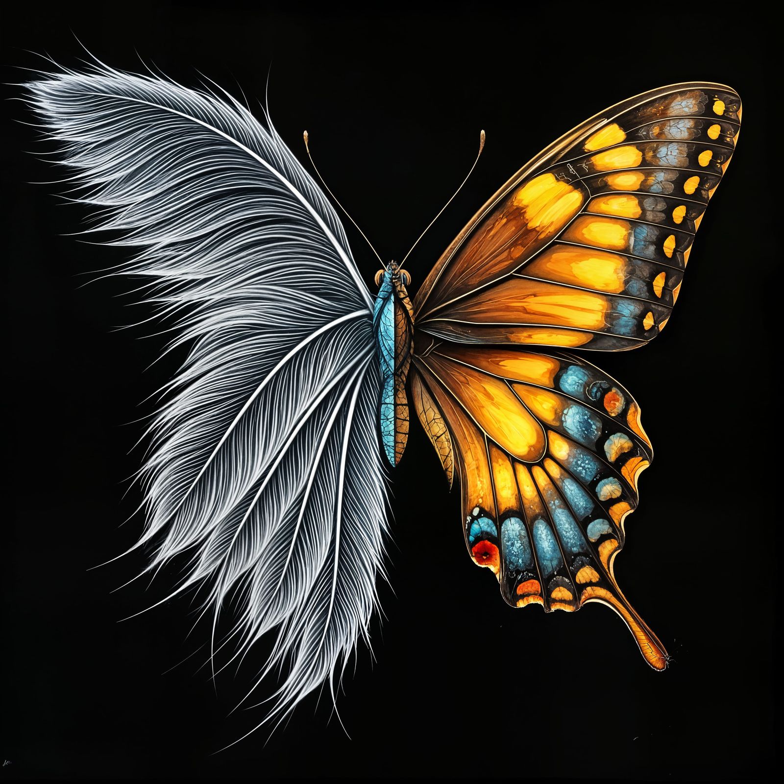 Butterfly Artwork: Feather Sketch and Acrylic Rendering